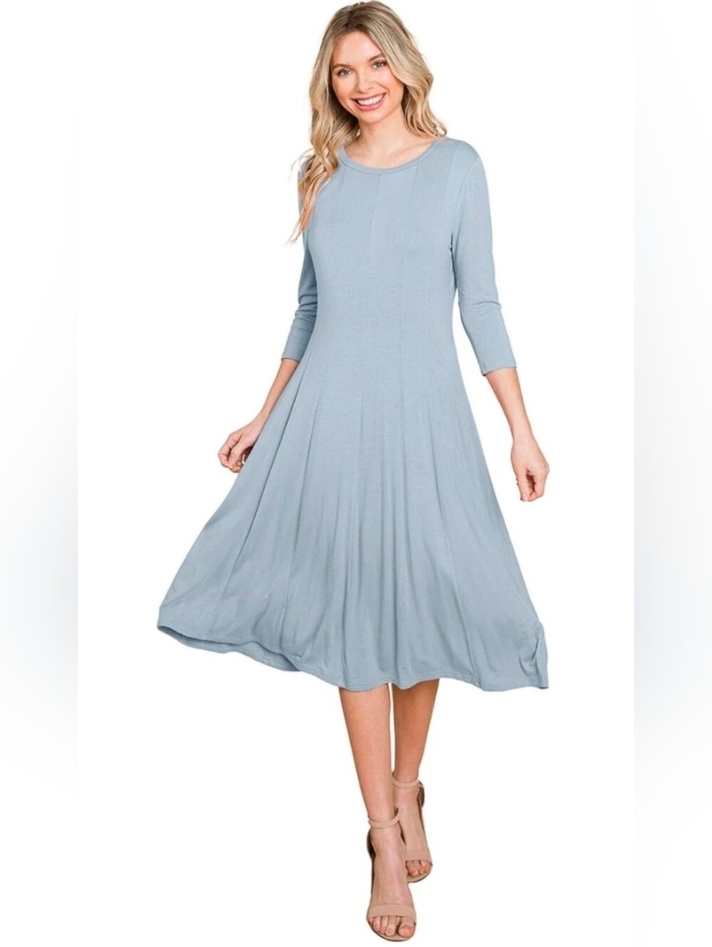 Light Blue Swing Midi Dress with 3/4 Sleeves